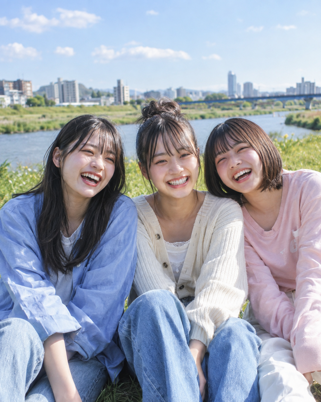 川沿いで笑い合う友だちのイメージ